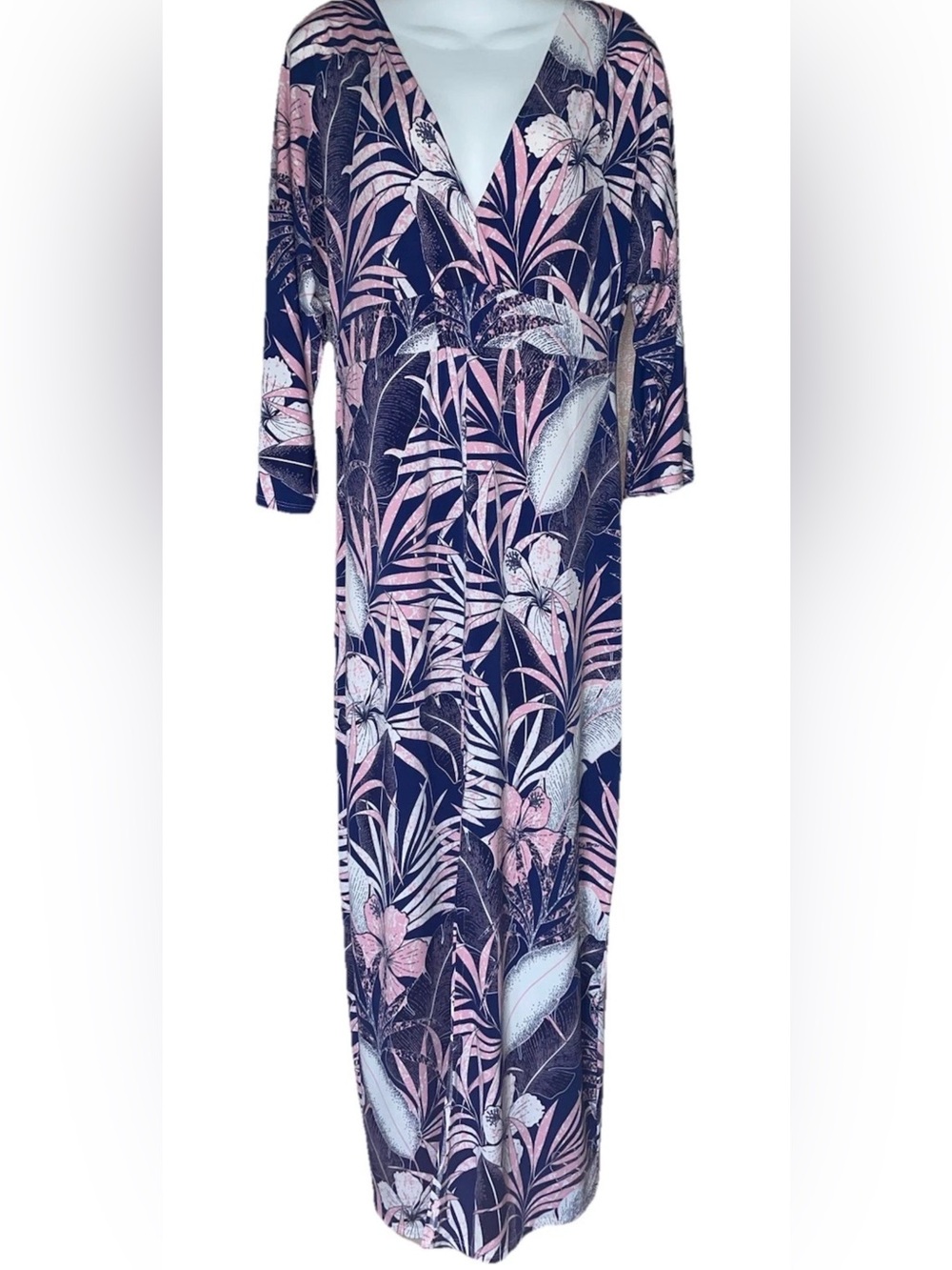 VENUS Tropical Floral Maxi Dress Front Slit V Neck Size L Beach Vacation Cruise